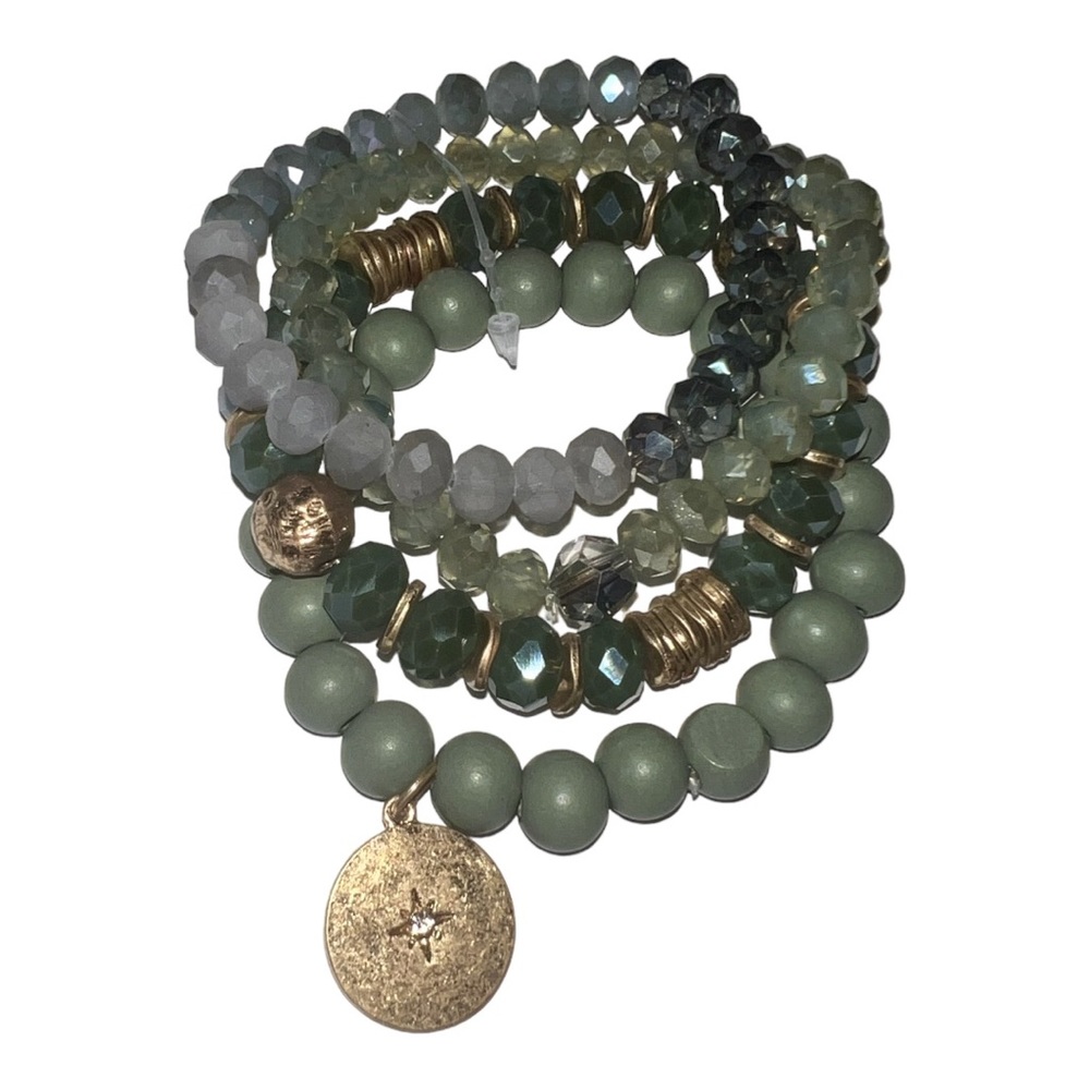 4 Strand Moss Tones W/ Gold Medallion W/Rhinestone Bracelet NWOT